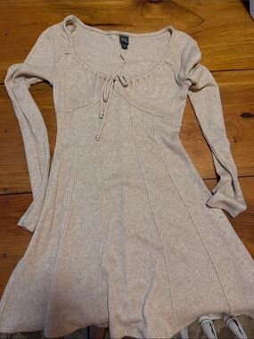 wild fable Cream Ribbed Long-Sleeve Tie-Front Knit Dress